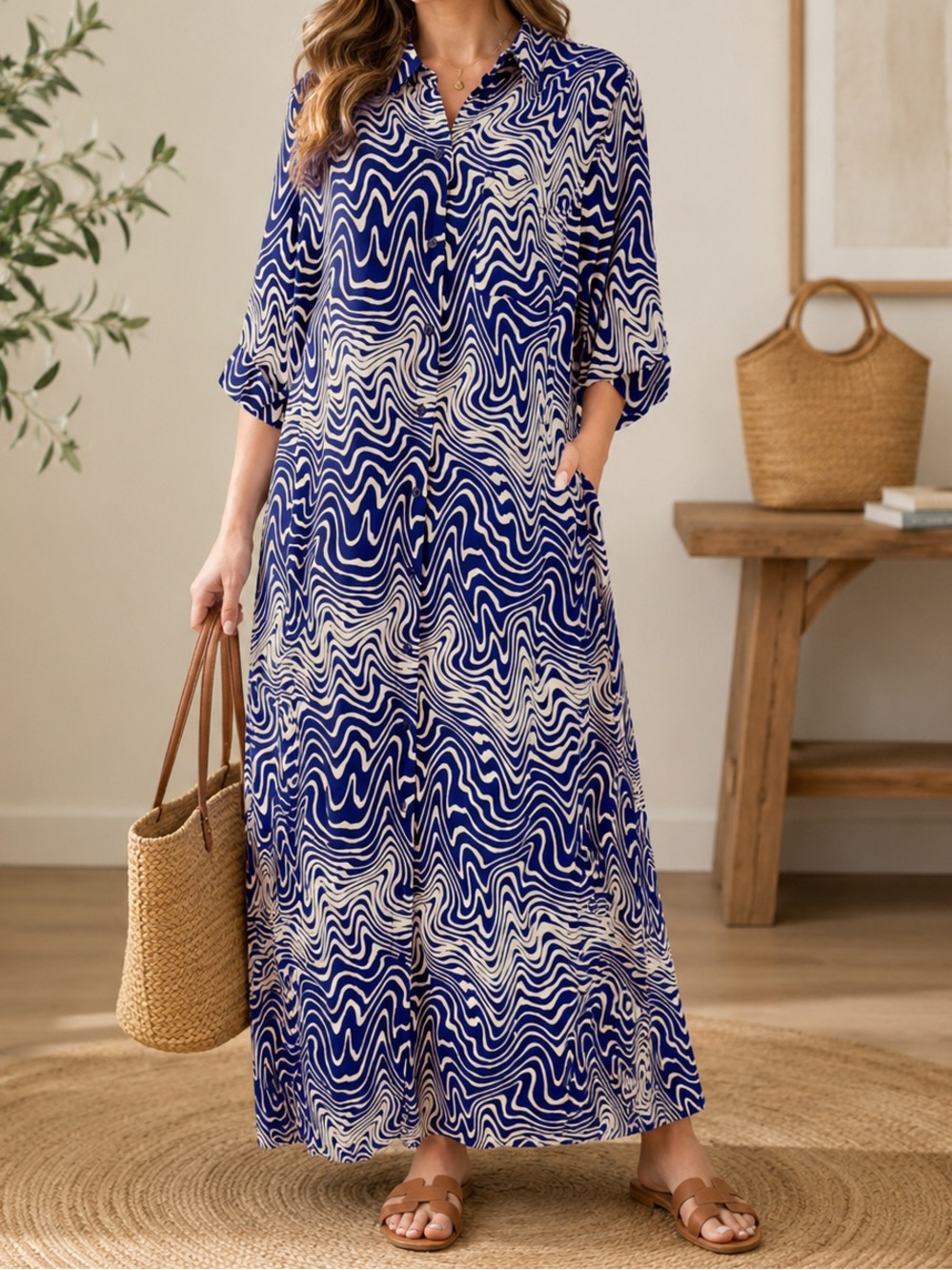 Zara Wavy Print Maxi Shirt Dress Blue Cream Viscose Button Front Large